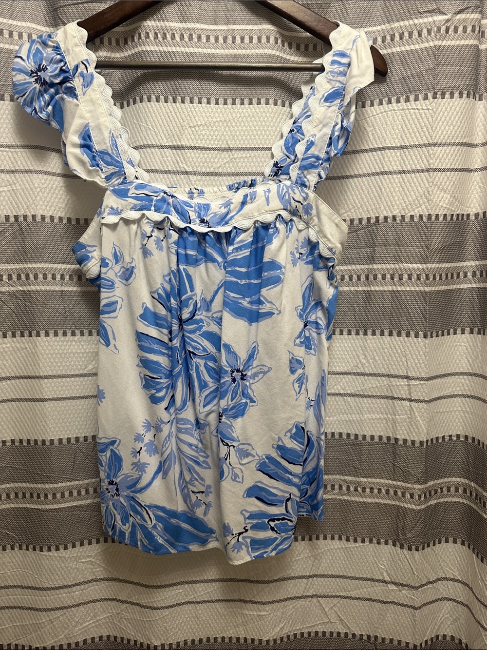 Lilly Pulitzer White Tank Top with Blue Floral Print and Ruffled Straps
